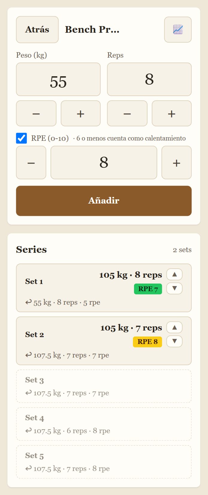 Captura: la tarjeta del ejercicio con los botones +/-, «Añadir» y las series ya guardadas.